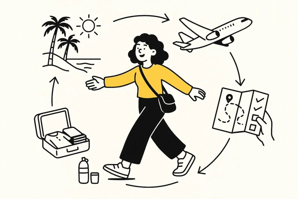 Doodle-style cycle infographic with a traveler, suitcase, airplane, map, and beach destination icons representing the steps of trip planning.
