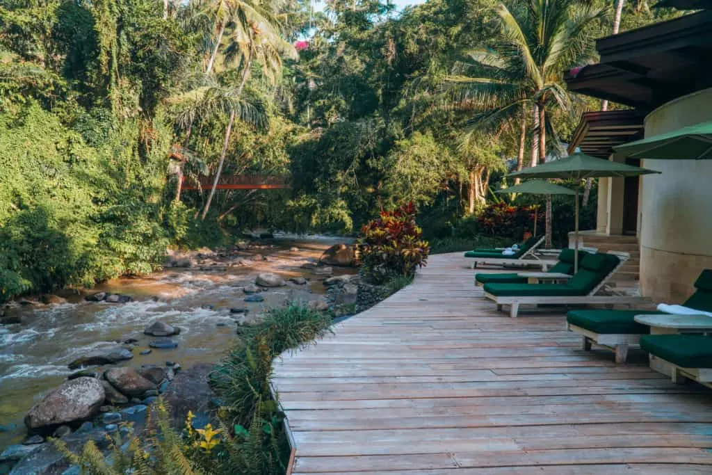 Wooden sun deck by the river surrounded by palm trees at Four Seasons Sayan