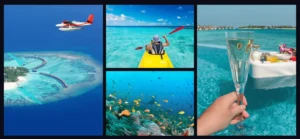 Maldives collage showing a seaplane over island villas, kayaking in clear waters, snorkeling with fish, and a hand holding champagne by a floating breakfast tray.