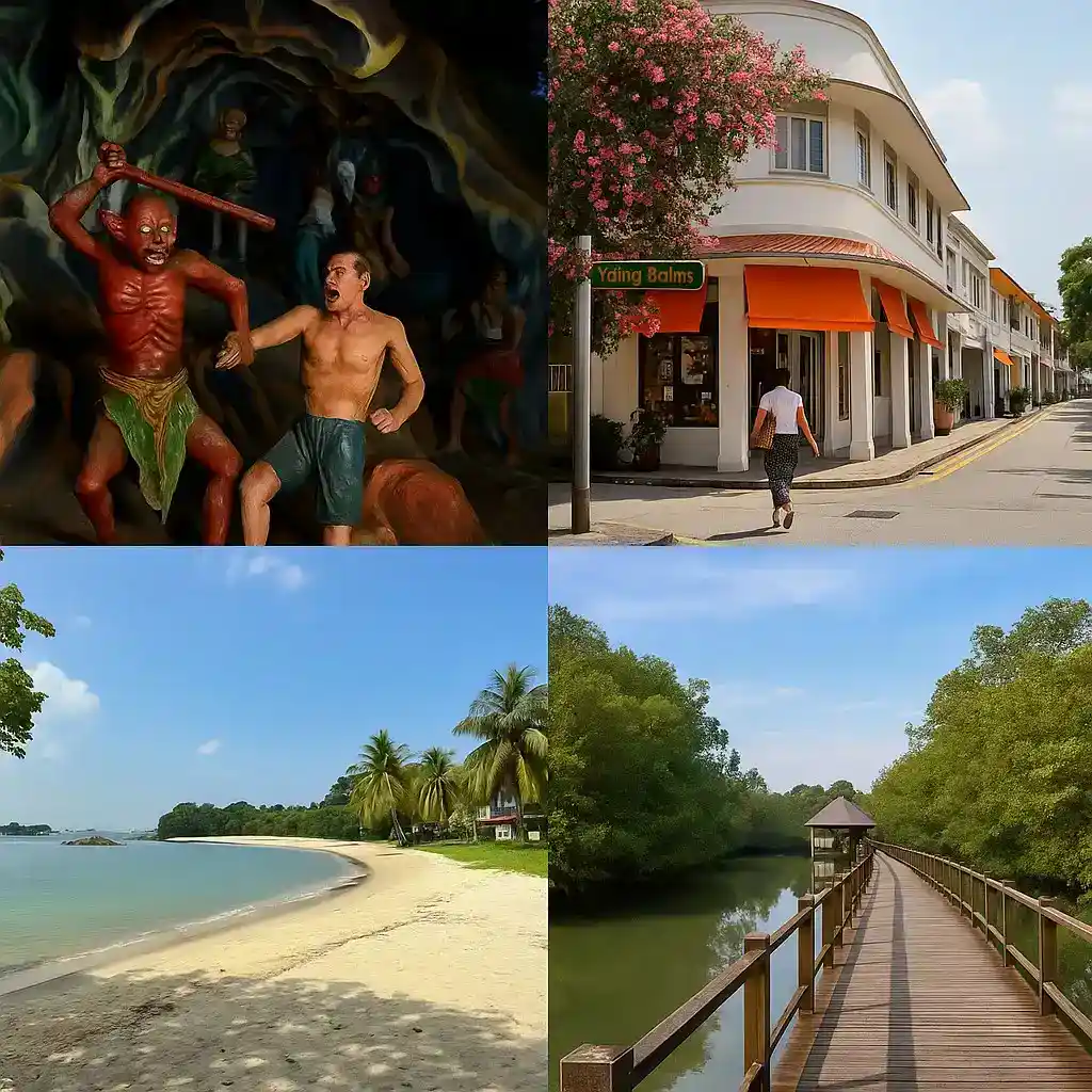 Collage of hidden gems in Singapore including Haw Par Villa statues, Tiong Bahru murals, Keppel Hill Reservoir, and Lazarus Island beach.