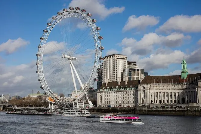  London Eye giant Ferris wheel by the Thames with city backdrop