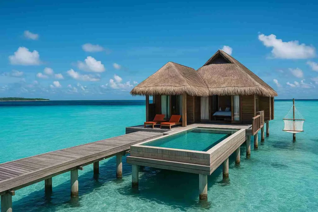 Maldives honeymoon package – overwater villas, turquoise water, and romantic sunrise for couples.