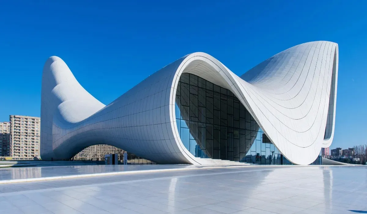 Heydar Aliyev Center in Baku with curving white architecture and clear blue sky