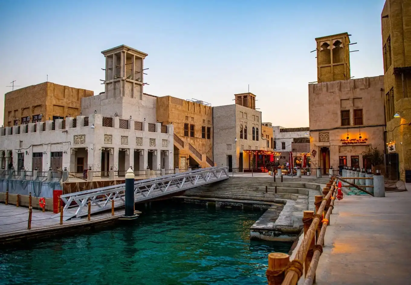 Traditional wind towers and waterfront at Al Fahidi Historical Neighbourhood Dubai