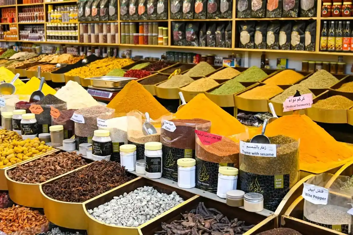Colorful spices and herbs on display at Deira Spice Souk Dubai