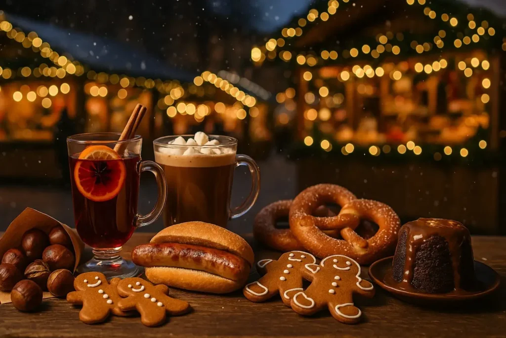 Festive Christmas market foods in London, including mulled wine, hot chocolate, bratwurst, gingerbread cookies, pretzels, chestnuts, and sticky toffee pudding with holiday lights in the background.