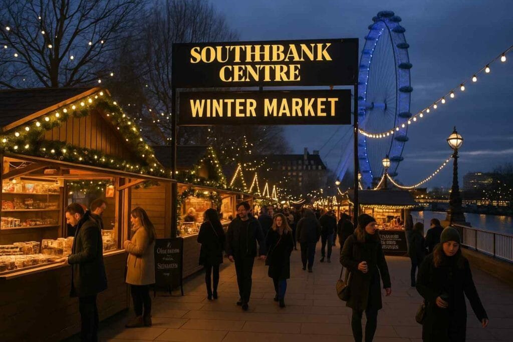 Southbank Centre Winter Market with wooden festive stalls and London Eye glowing above the River Thames at dusk