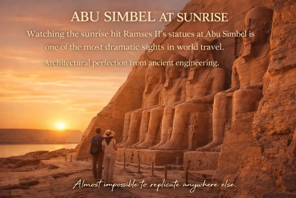 Couple watching sunrise at Abu Simbel temple with statues of Ramses II glowing in morning light