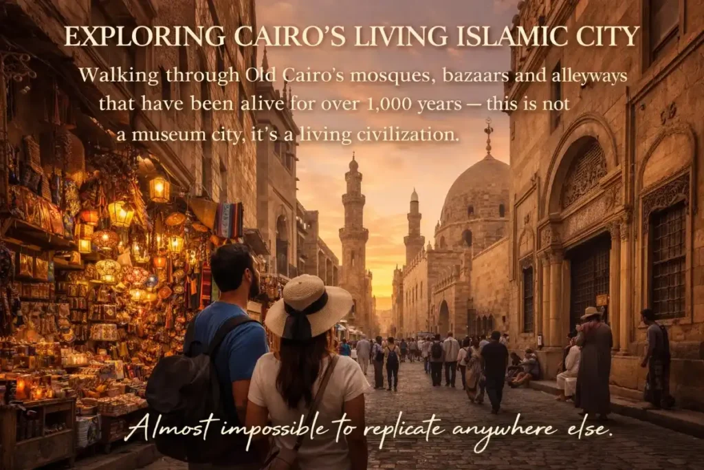 Travelers walking through Old Cairo’s mosques, bazaars, and historic alleyways at sunset