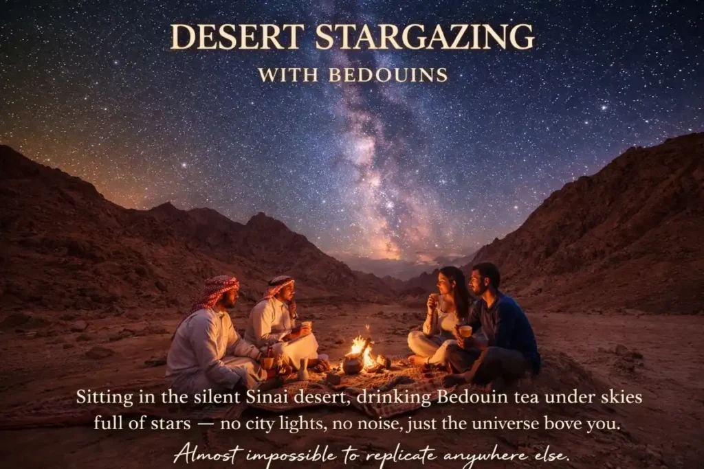 Travelers sitting with Bedouins in Sinai desert under a star-filled night sky drinking tea