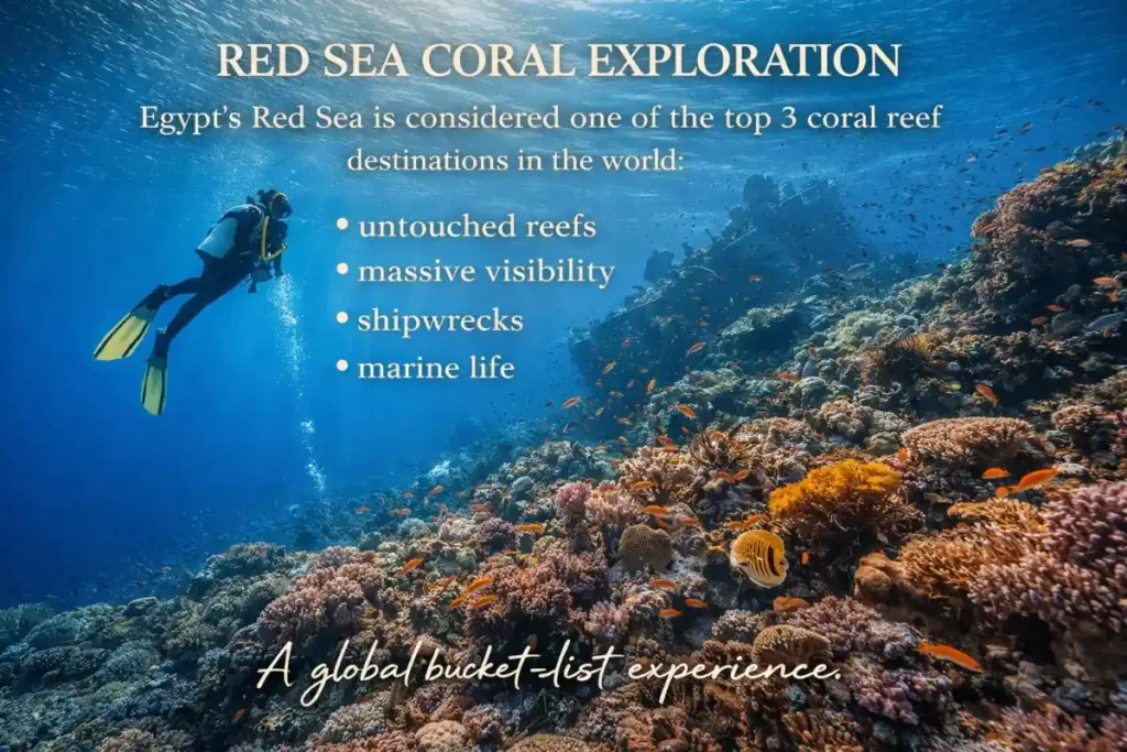 Scuba diver exploring colorful coral reefs and marine life in Egypt’s Red Sea
