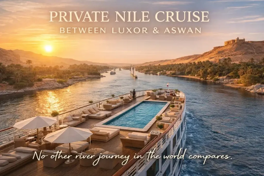 Luxury private Nile cruise sailing between Luxor and Aswan with palm trees, temples, and desert scenery