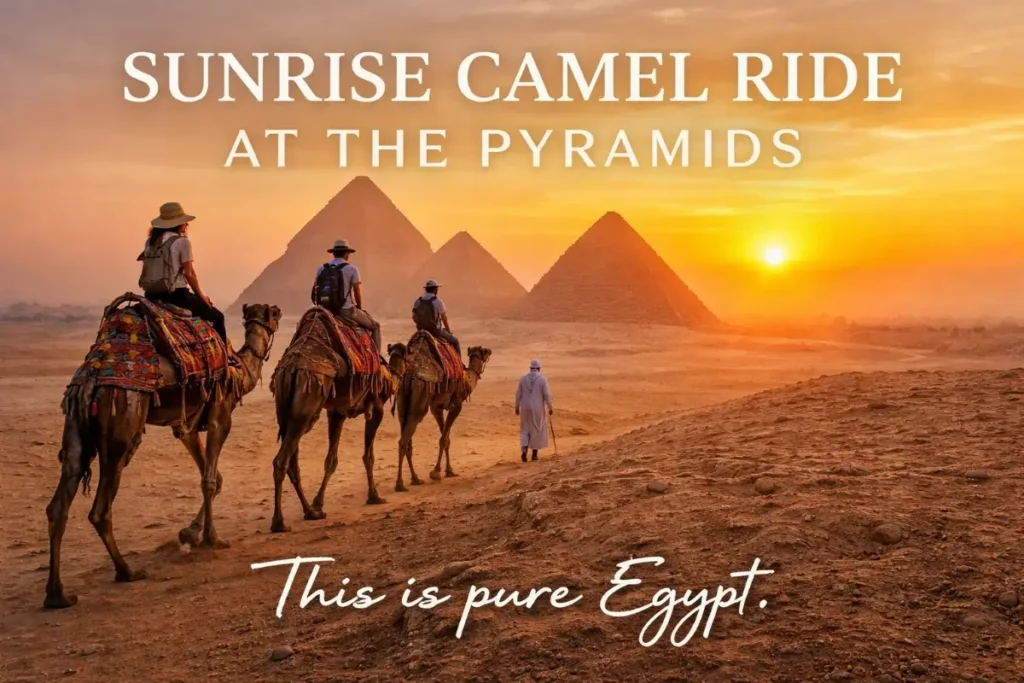 Travelers riding camels at sunrise near the Great Pyramids of Giza in Egypt with golden morning light