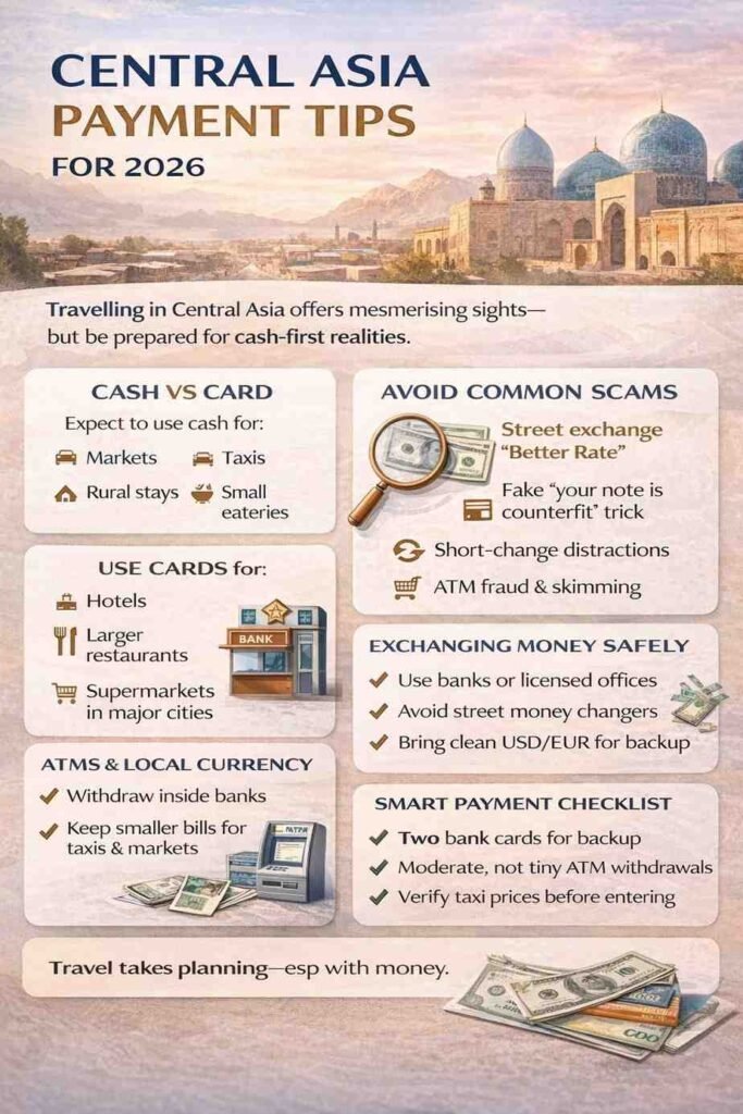 Infographic showing Central Asia travel payment tips for 2026, including cash vs card usage, ATM strategies, currency exchange safety, and common tourist scams.