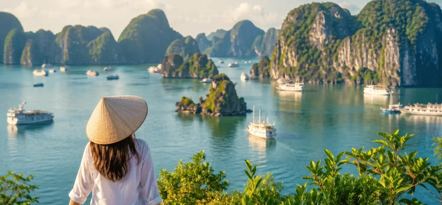 Ha Long Bay Vietnam scenic view with limestone islands boats and tropical landscape
