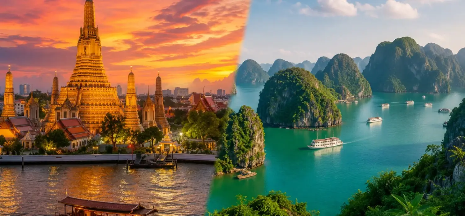 Thailand and Vietnam travel comparison image featuring Bangkok temple skyline and Vietnam limestone bay landscape in panoramic view.