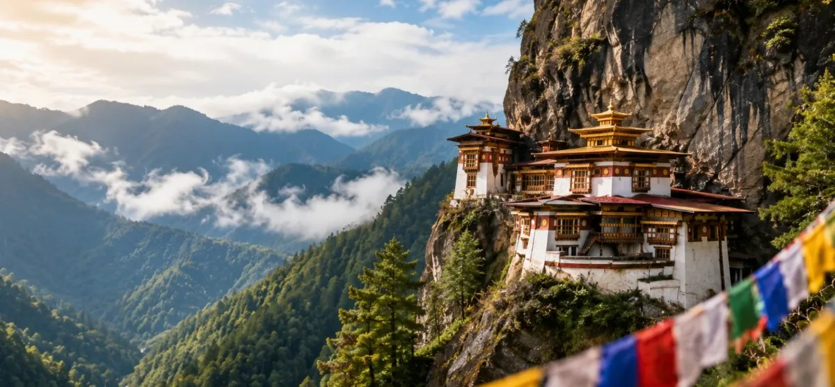 Tiger's Nest Monastery in Bhutan overlooking the Himalayas with colorful prayer flags and mountain scenery, featured in a Bhutan trip cost guide from Singapore.