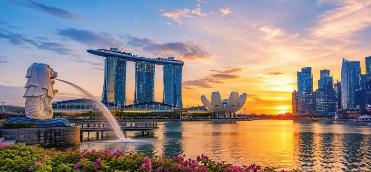 Singapore skyline featuring Marina Bay Sands, the Merlion, and the ArtScience Museum at sunset, showcasing one of the best times to visit Singapore.