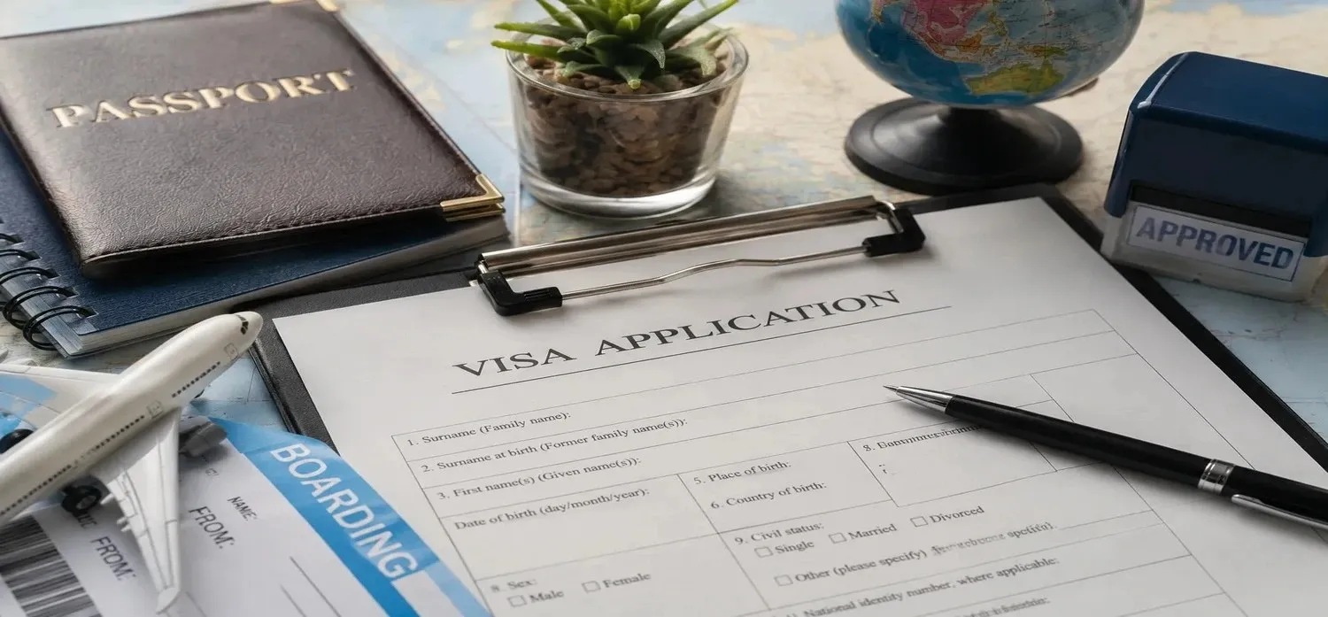 Travel visa application with passport, boarding pass, visa form, and travel documents arranged on a desk, representing international holiday planning and visa assistance.