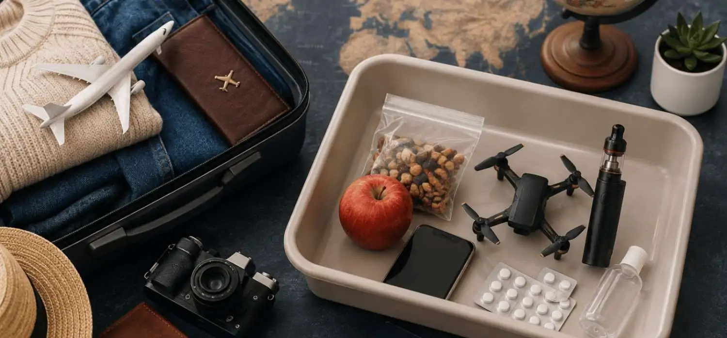 Travel essentials packed for an international trip, including a passport, suitcase, food, medicines, drone, vape, phone and camera.